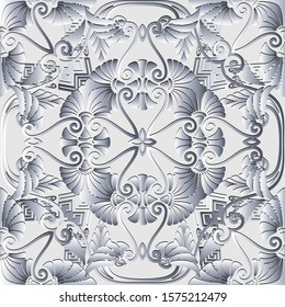 Beautiful white floral 3d greek vector seamless pattern. Modern ornamental ancient style background. Abstract repeat backdrop. Surface ornament with flowers, abstract shapes, lines, greek key meanders