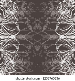 beautiful white floral linear pattern drawn by hand on a dark background, with a space for text in the middle, vector design