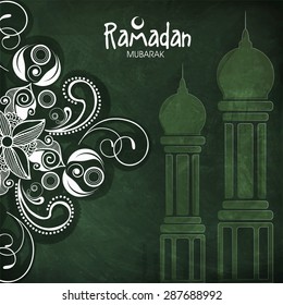 Beautiful white floral pattern and mosque decorated greeting card design for Islamic holy month of prayers, Ramadan Kareem celebration.  