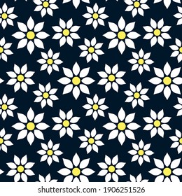 Beautiful white flowers isolated on dark blue background. Cute floral seamless pattern. Vector flat graphic illustration. Texture.