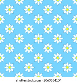 Beautiful white flowers isolated on a light blue background. Cute floral seamless pattern. Vector simple flat graphic illustration. Texture.