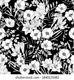 Beautiful white flowers on a black background. Vector seamless pattern for textiles