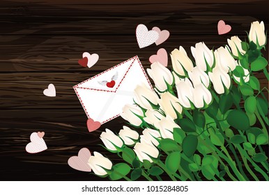 Beautiful  white flowers. Roses with envelope and hearts. Empty space for your ad or inscriptions or messages. Postcard on Valentine's wedding and birthday. Free place. Vector illustration on a wooden