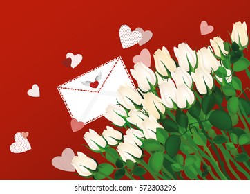 Beautiful  white flowers. Roses with envelope and hearts. Empty space for your ad or inscriptions or messages. Postcard on Valentine's wedding and birthday. Free place. Vector illustration 