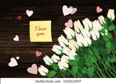 Beautiful  white flowers. Roses with Yellow sheet of paper for notes. Sticker and hearts. Empty space for your ad or inscriptions or messages. Postcard on Valentine's wedding and birthday. Vector