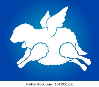 Beautiful white flying sheep silhouette on blue background