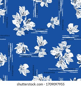 Beautiful white garden flower with white brush and navy blue dots line seamless pattern in vector EPS10 ,Design for fashion,fabric,web,wallaper,wrapping and all prints on fresh blue background color 