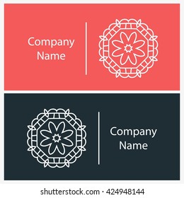 Beautiful white gentle linear circular logo. Logotype for antique boutique, sweets. Company mark, emblem, element. Simple mandala. Business, invitations. Kaleidoscope bud. Abstract decorative flower.