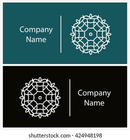 Beautiful white gentle linear circular logo. Logotype for antique boutique, sweets. Company mark, emblem, element. Simple mandala. Business, invitations. Kaleidoscope bud. Abstract decorative flower.