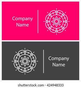 Beautiful white gentle linear circular logo. Logotype for antique boutique, sweets. Company mark, emblem, element. Simple mandala. Business, invitations. Kaleidoscope bud. Abstract decorative flower.