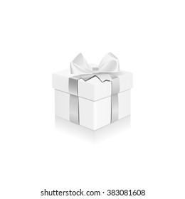 Beautiful white gift box with white ribbon. Box perspective. Box template. Box empty blank. Vector illustration, eps 10