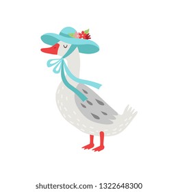 Beautiful White Goose Cartoon Character Wearing Light Blue Elegant Hat With Flowers Vector Illustration