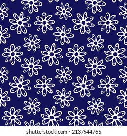Hermosas flores lineales de tinta blanca aisladas en un fondo azul oscuro. Patrón monocromo sin soldadura floral. Dibujo gráfico plano vectorial simple a mano. Textura.