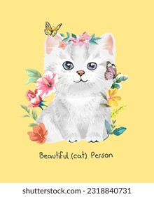 beautiful white kitten and colorful flowers vector illustration