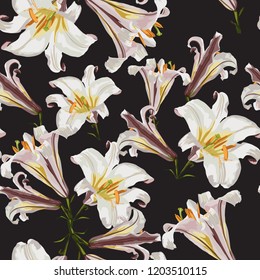 Beautiful white lilies flowers in watercolor style. Seamless pattern on black background.