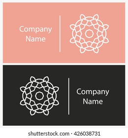 Beautiful white linear circular logo. Logotype for antique boutique, sweets. Company mark, emblem, element. Simple mandala. Business, invitations. Kaleidoscope big bud. Abstract decorative flower.