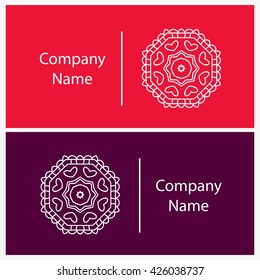 Beautiful white linear circular logo. Logotype for antique boutique, sweets. Company mark, emblem, element. Simple mandala. Business, invitations. Kaleidoscope big bud. Abstract decorative flower.