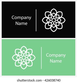 Beautiful white linear circular logo. Logotype for antique boutique, sweets. Company mark, emblem, element. Simple mandala. Business, invitations. Kaleidoscope big bud. Abstract decorative flower.