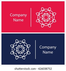 Beautiful white linear circular logo. Logotype for antique boutique, sweets. Company mark, emblem, element. Simple mandala. Business, invitations. Kaleidoscope big bud. Abstract decorative flower.