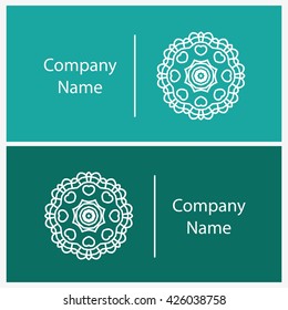 Beautiful white linear circular logo. Logotype for antique boutique, sweets. Company mark, emblem, element. Simple mandala. Business, invitations. Kaleidoscope big bud. Abstract decorative flower.
