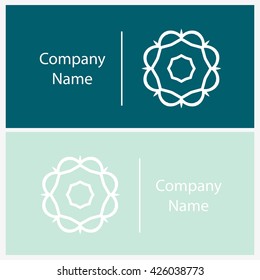 Beautiful white linear circular logo. Logotype for antique boutique, sweets. Company mark, emblem, element. Simple mandala. Business, invitations. Kaleidoscope big bud. Abstract decorative flower.
