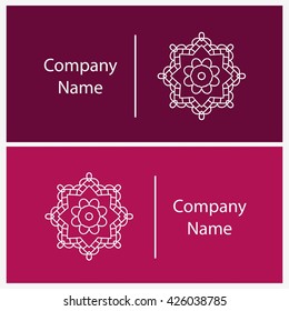 Beautiful white linear circular logo. Logotype for antique boutique, sweets. Company mark, emblem, element. Simple mandala. Business, invitations. Kaleidoscope big bud. Abstract decorative flower.