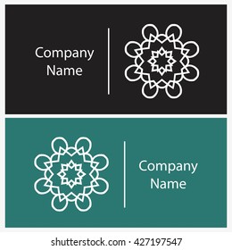 Beautiful white linear circular logo. Logotype for antique boutique, sweets. Company mark, emblem, element. Simple mandala. Business, invitations. Kaleidoscope big bud. Abstract decorative flower.