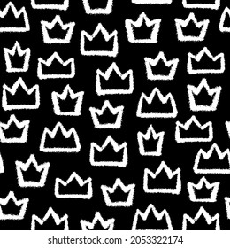 Beautiful white linear ink crown isolated on black background. Cute monochrome royal seamless pattern. Vector simple flat graphic hand drawn illustration. Texture.