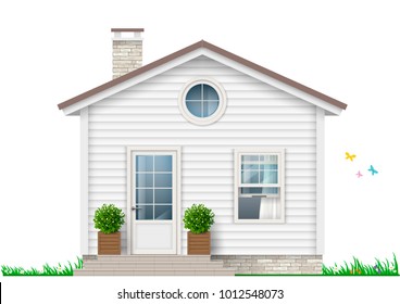 Beautiful white little house with trees in pots. Vector graphics