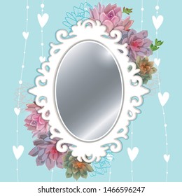 Beautiful white mirror on a blue background with succulents. Vector.