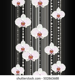 Beautiful white orchid flowers on dark background with stripes and pearls.