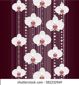 Beautiful white orchid flowers on dark background with stripes and pearls.