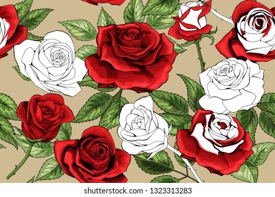 Beautiful white outline and colered red roses seamless pattern background. Hand-drawn contour lines. Design greeting card and invitation of the birthday, Valentines Day, mothers day, other holiday