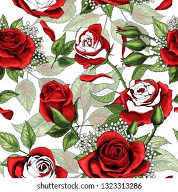 Beautiful white outline and colered red roses seamless pattern background. Hand-drawn contour lines. Design greeting card and invitation of the birthday, Valentines Day, mothers day, other holiday