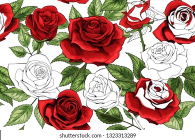 Beautiful white outline and colered red roses seamless pattern background. Hand-drawn contour lines. Design greeting card and invitation of the birthday, Valentines Day, mothers day, other holiday