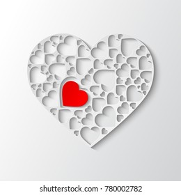 Beautiful white paper cut out heart with a red heart inside. Vector illustration