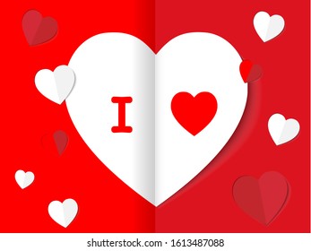 Beautiful white paper hearts on red paper background, Minimal Love invitation cards or for your idea. vector illustration