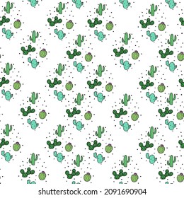Hermoso patrón blanco con plantas de doodle, corazones y cactus dibujados a mano. Textura de corte para niños.