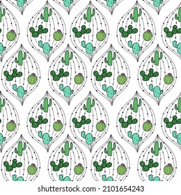 Hermoso patrón blanco con plantas de doodle, corazones y cactus dibujados a mano. Textura de cactus para niños.