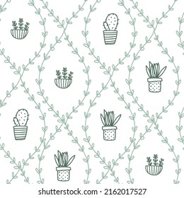 Beautiful white pattern with doodle plants and hand drawn cactus. Cute cacti texture for paper, fabric, kitchen, children.