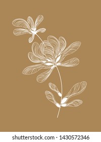 Beautiful white pattern of maple lionfish. Ethnic floral motif made from natural elements. Author's eco design