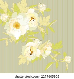 Beautiful white peony leaves and buds wallpaper in vintage watercolor style, design elements, wallpapers, wrapping paper, postcards