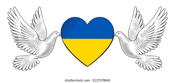 Beautiful white pigeons carrying a heart. A symbol of love. Antique engraving, stylized drawing. Vector illustration