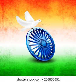 Beautiful white pigeons sitting on Asoka Wheel on national tricolors grungy background for 15th of August, Indian Independence Day celebrations. 