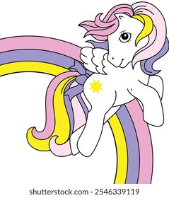 Hermoso unicornio pony blanco con Vector de diseño de camiseta arco iris