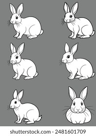 Beautiful white rabbits in various poses. Rabbit animal icon isolated on background. For Moon Festival, Chinese Lunar Year of the Rabbit, Easter decor.