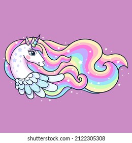 A beautiful white, rainbow colored unicorn with a long mane. Fantastic, mythical animal. For the design of prints, posters, cards, stickers, stickers and so on. Vector