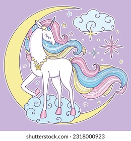 A beautiful white, rainbow unicorn on a crescent moon. The theme of magic and magic. For children's design of prints, posters, cards, stickers, t-shirts and so on. Vector illustration