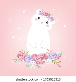 Beautiful white romantic dreaming white bear princess with crown and floral flowers