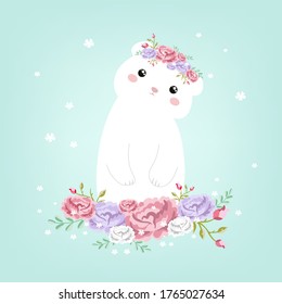 Beautiful white romantic dreaming white bear princess with crown of floral flowers